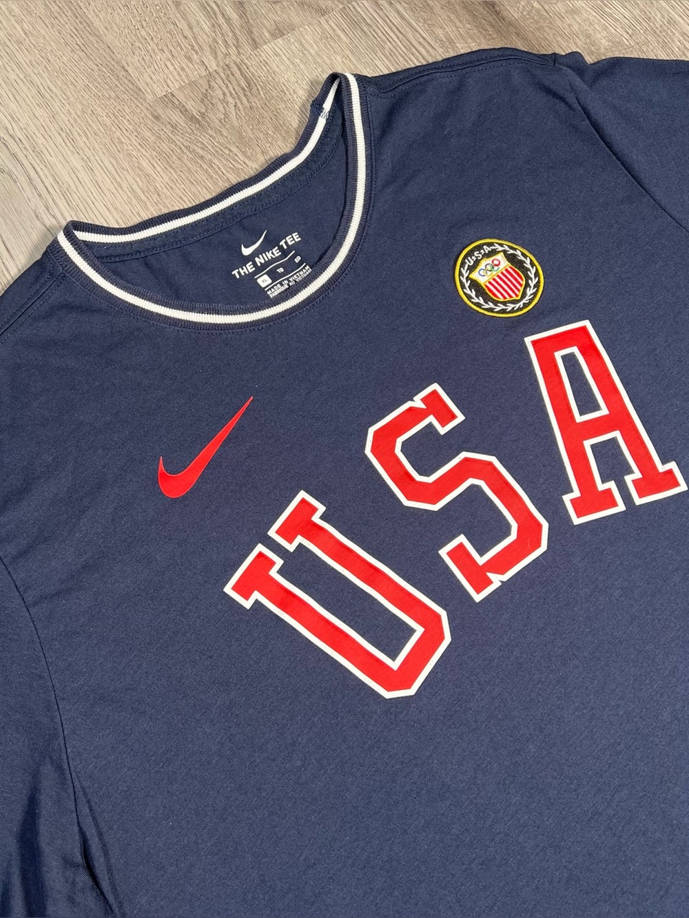 Team USA T-Shirt Mens Size XL Navy Blue Nike Stretch Logo Olympics Ringer